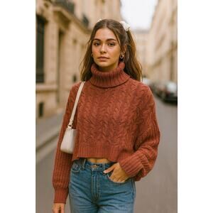 POL Chunky Cable Knit Cozy Cowl Neck Pullover Sweater Orange Boho Cropped Chic